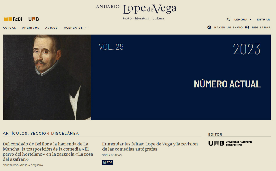 Publicado el volumen XXIX (2023) del «Anuario Lope de Vega»